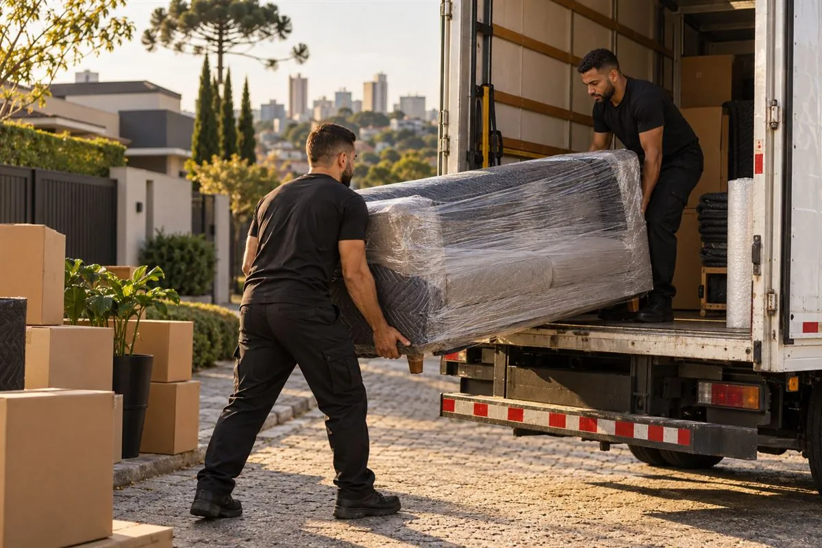 Equipe carregando um sofá protegido